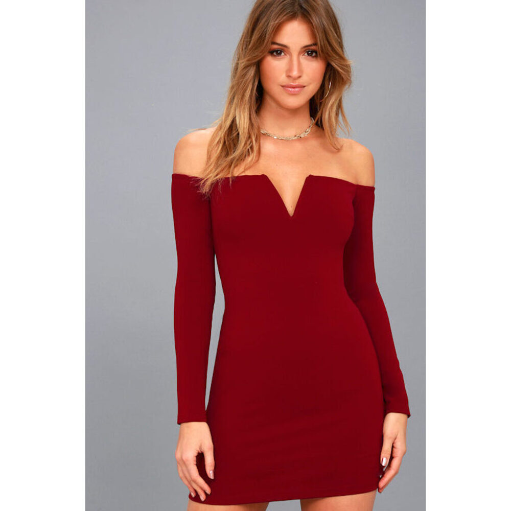 Lulus Over The Swoon Wine Red Off-the-shoulder Bodycon Dress - Size Small